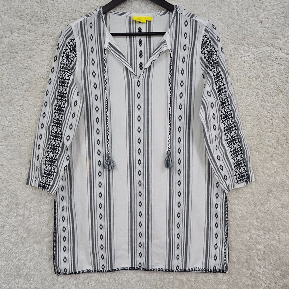 Roller Rabbit Top Womens S Gray White Tunic Tassel Long Sleeve Cotton Beach READ - Picture 1 of 15